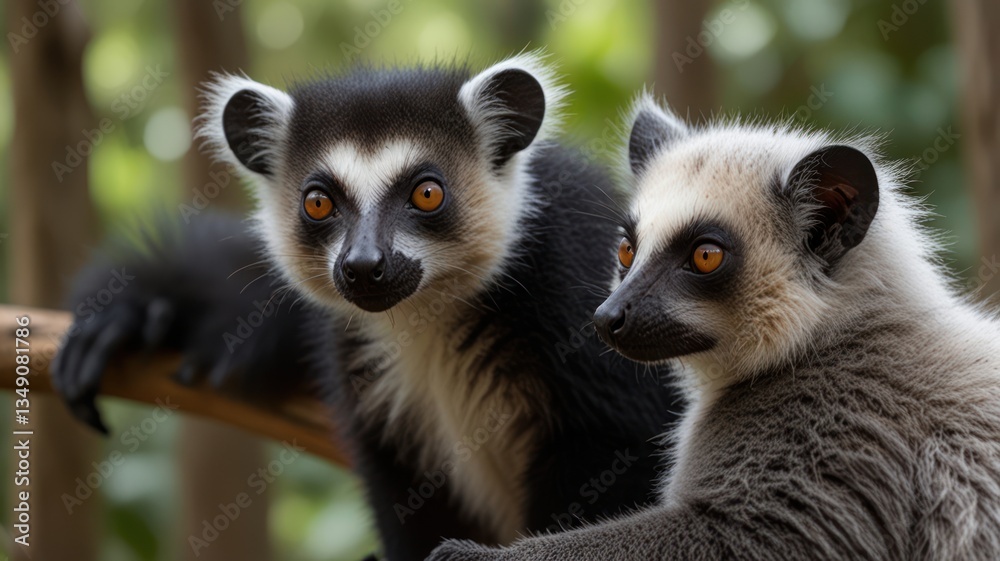 Obraz premium Two lemur babies face forward, close-up, in a natural habitat. They are black and white with bright orange eyes. They are perched on a tree branch