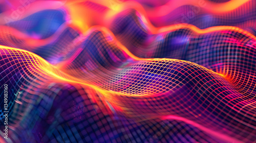 Colorful motion waves in glowing abstract digital style, bright neon light energy flowing in smooth curved lines, futuristic background.