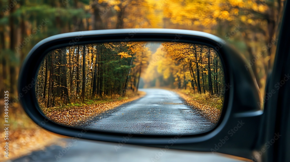 Driving Through Autumn Road Reflected in Car Mirror on a Rainy Day Driving Through Autumn Road Reflected in Car Mirror on a Rainy Day