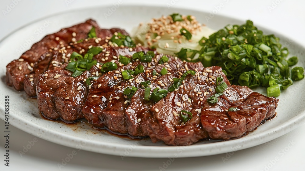 Sliced steak with sesame seeds and green onions served with sides Sliced steak with sesame seeds and green onions served with sides