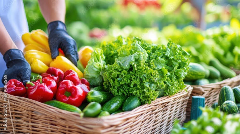 Fototapeta premium A vibrant display of fresh vegetables, including peppers, lettuce, and cucumbers, in woven baskets at a market, highlighting healthy eating and local produce, sustainable living lifestyle.
