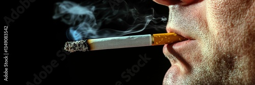 Close Up Of A Man Smoking A Cigarette With Smoke, Isolated On Black Background. - Unhealthy Habit.