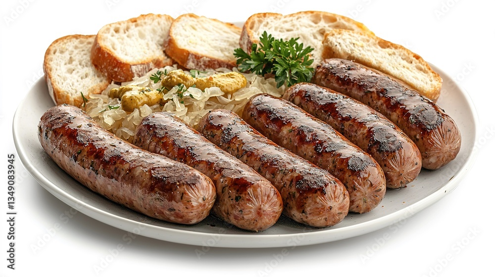 Delicious grilled sausages served on a plate with bread and condiments Delicious grilled sausages served on a plate with bread and condiments