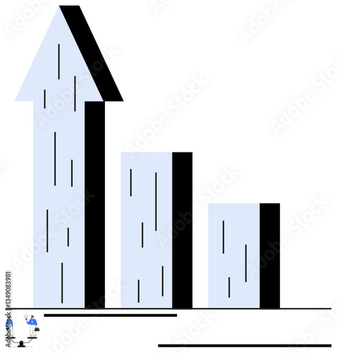 Bar chart with three columns, tallest forming an upward arrow. Tiny business professionals discussing progress. Ideal for growth, success, analysis, teamwork, strategy achievement innovation. Flat