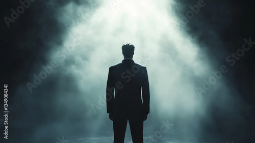 Silhouette of back view businessman stands against a dramatic light