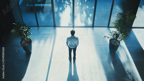Businessman stands against a bright window in a modern office