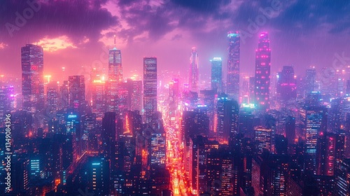 Neon Cityscape Under a Purple Rain