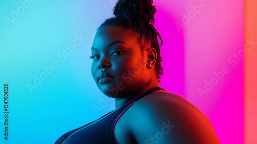 Portrait of beautiful overweight fitness young woman on studio background