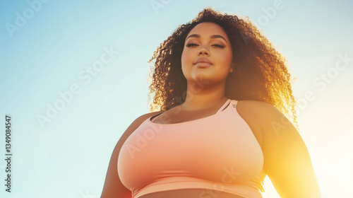 Portrait of beautiful overweight fitness young woman against background of park