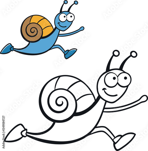 A fun coloring page of a running snail with a dynamic pose, expressive eyes, and motion lines to show speed. Perfect for kids and adults to enjoy creative coloring!