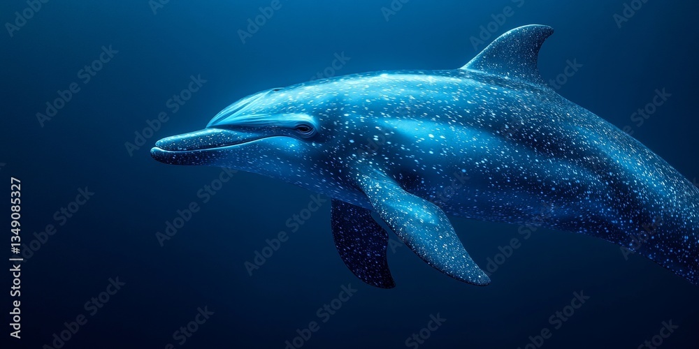 Naklejka premium Graceful Blue Dolphin Glides Through Deep Ocean, Stunning Underwater Wildlife Portrait
