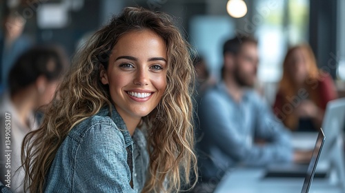 Wallpaper Mural Smiling woman, office teamwork, blurred background, business success, stock photo Torontodigital.ca