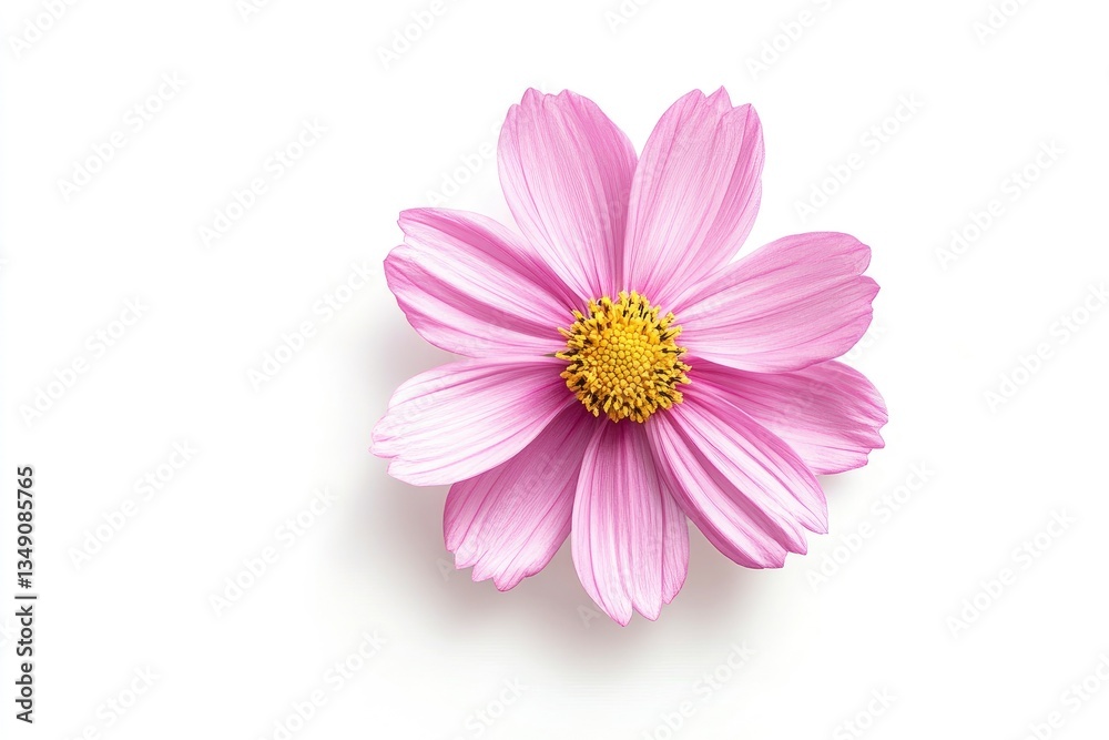Isolated Cosmos Flower with Delicate Pink Petals and Yellow Center Isolated Cosmos Flower with Delicate Pink Petals and Yellow Center