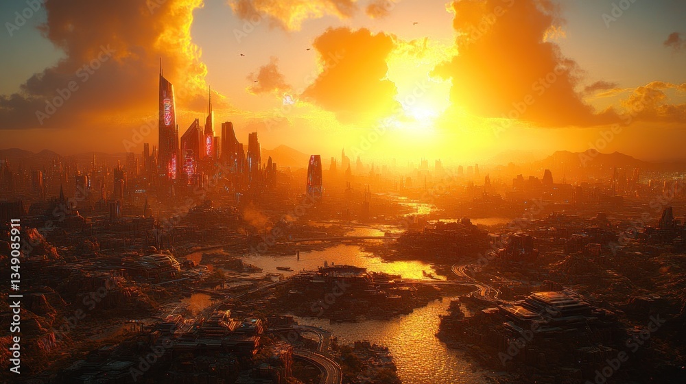 Fototapeta premium Futuristic Cityscape at Sunset: A Cyberpunk Metropolis