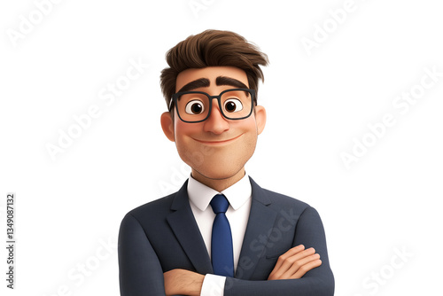 Happy businessman male person cartoon character smiling with crossed arms wearing formal office suit and glasses in 3d style design