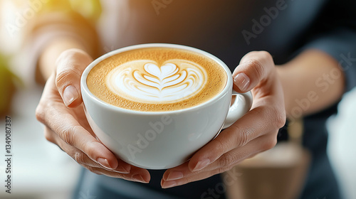 Barista Holding a Cup of Latte, Close-Up with Warm Cozy Lighting, Beautiful Composition, Banner with Space for Text