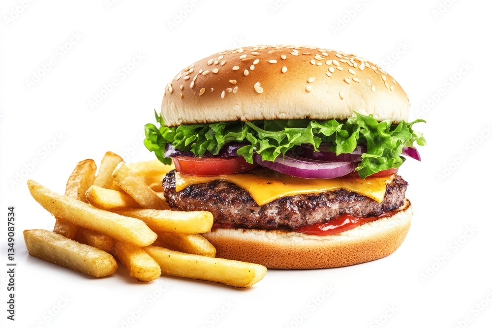 Enjoying a Delicious Cheeseburger with French Fries on a White Background Enjoying a Delicious Cheeseburger with French Fries on a White Background