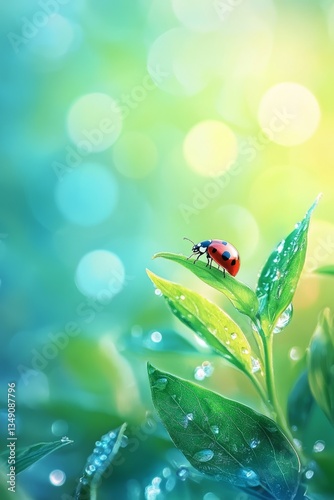Ladybug resting on a green leaf during a bright spring morning surrounded by dewdrops and soft light