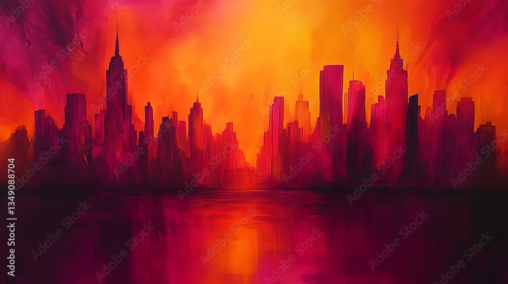 Fototapeta premium Fiery sunset cityscape painting.