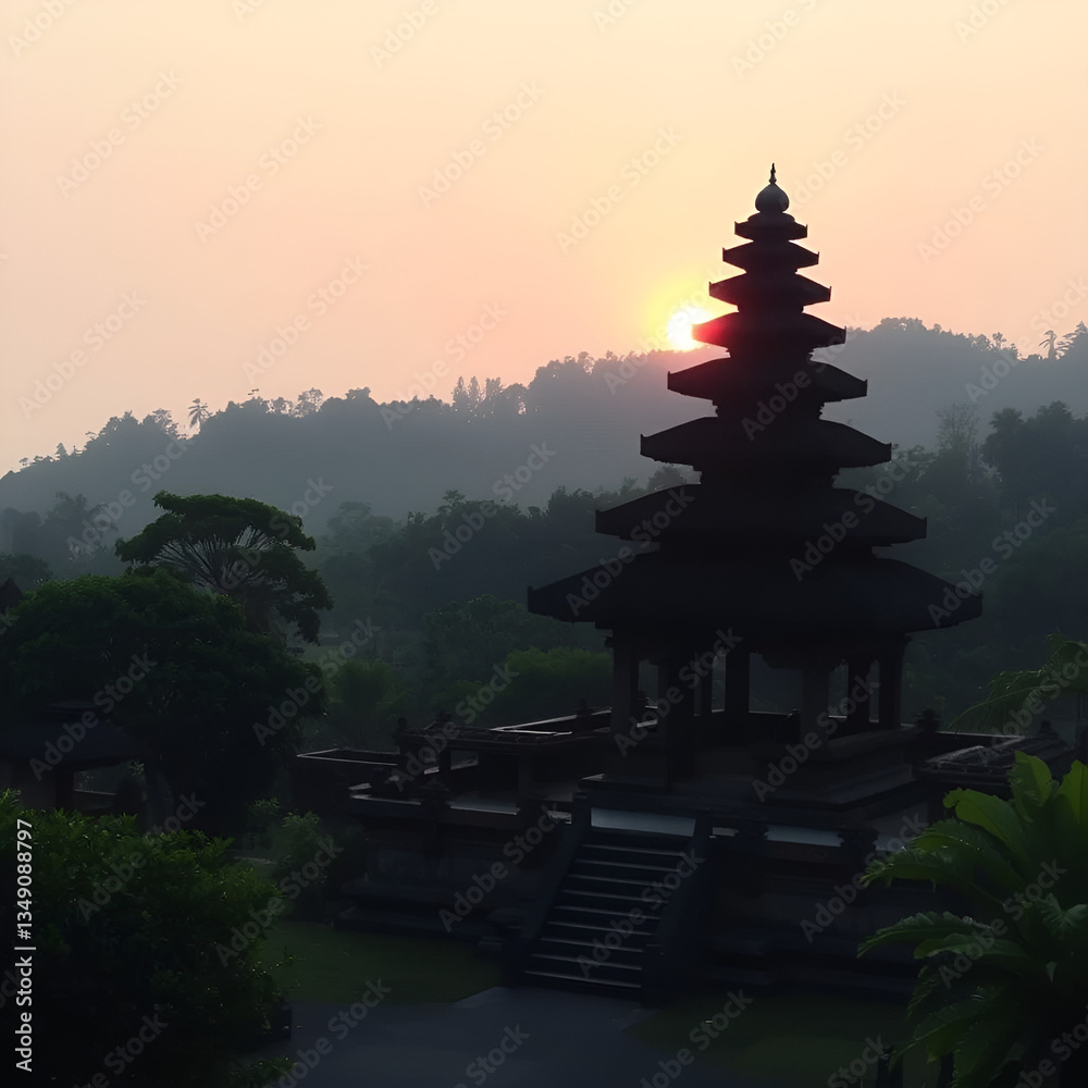 A serene Balinese temple at sunrise during Nyepi, surrounded by lush greenery and tranquil silence. A serene Balinese temple at sunrise during Nyepi, surrounded by lush greenery and tranquil silence.