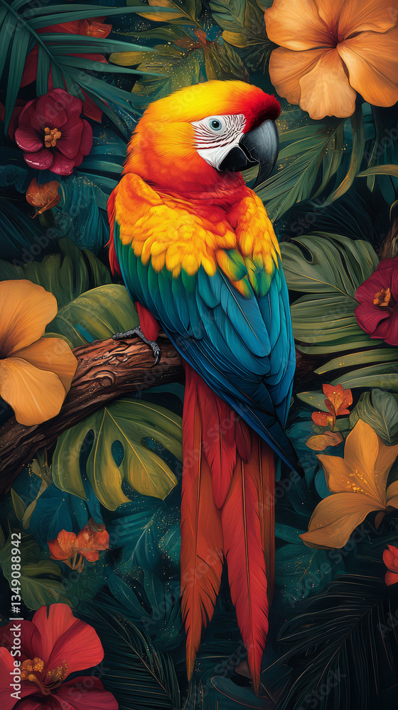 Fototapeta premium Vibrant Macaw Parrot in Lush Tropical Foliage