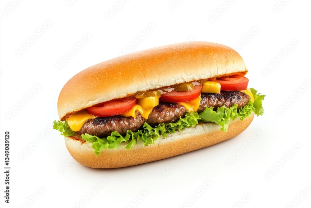 Delicious Double Cheeseburger Sandwich with Fresh Toppings on White Background Delicious Double Cheeseburger Sandwich with Fresh Toppings on White Background