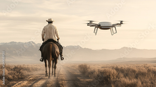 cowboy rides horse on dusty trail in vast desert landscape, while drone hovers nearby under clear sky, blending tradition with technology