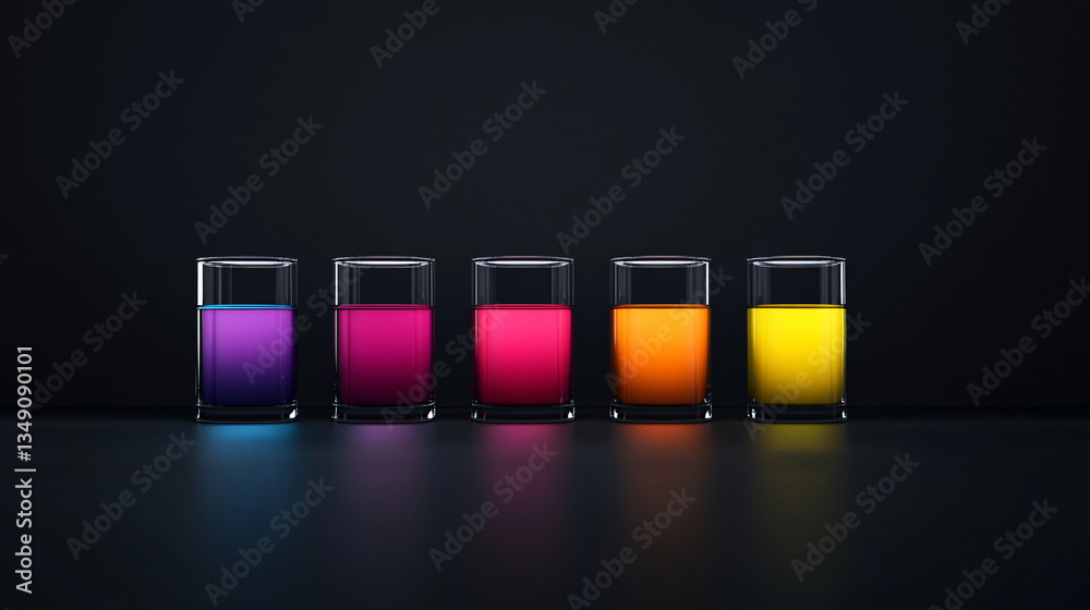 Five glasses filled with colorful liquids are arranged in row, each displaying different vibrant hue against dark background, creating striking visual contrast Five glasses filled with colorful liquids are arranged in row, each displaying different vibrant hue against dark background, creating striking visual contrast