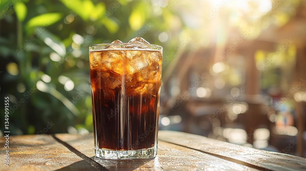 A tall glass of dark soda with ice on the table