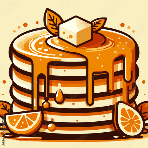 illustrated stack of pancakes drizzled with syrup and topped with butter and orange slices