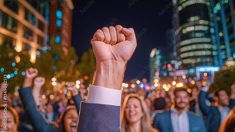 Obraz premium Empowered Crowd Raising Fists in Solidarity at Nighttime Urban Gathering for Social Progress