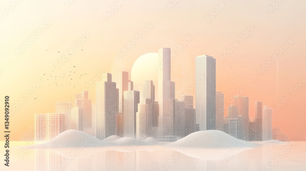 Fototapeta premium Pearl-White Floating City Outline with Light Gray Gridlines, Geometric Skyscraper Silhouettes, Soft Sand-Beige Gradient Accents.