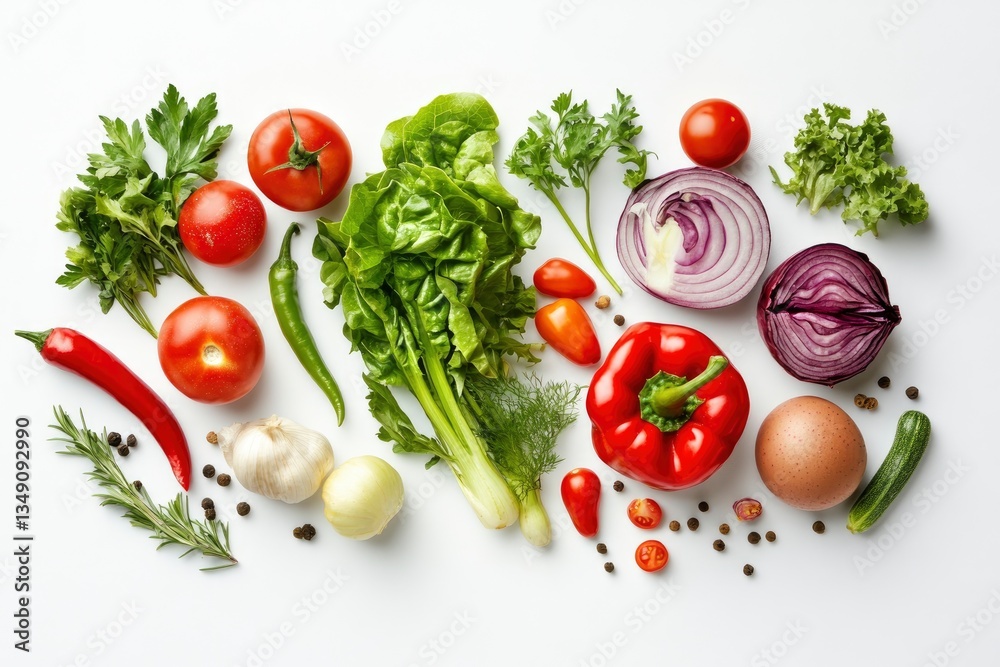 Assortment of Fresh Vegetables and Herbs Arranged on White Background Assortment of Fresh Vegetables and Herbs Arranged on White Background