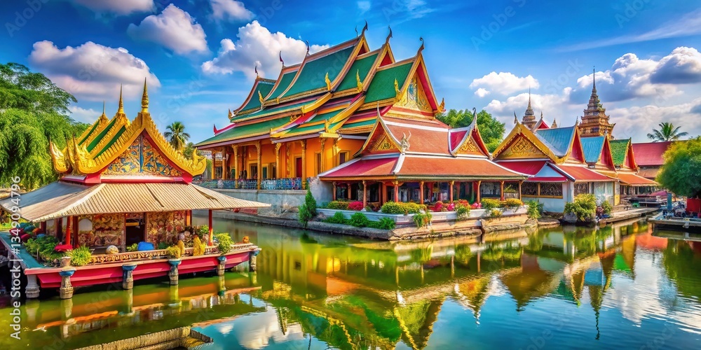 Naklejka premium Amphawa Floating Market Wat Bang Kung Stunning Scenery