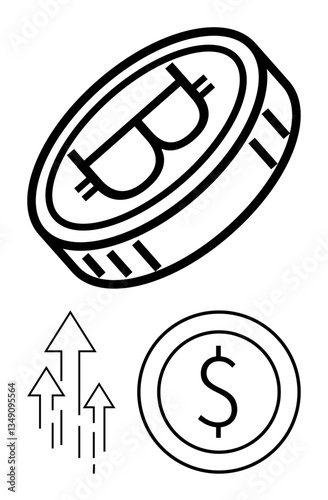 Bitcoin coin, dollar sign, upward arrows representing financial growth, cryptocurrency rise, investment gains, market trends, wealth building. Ideal for finance, crypto investment trends progress