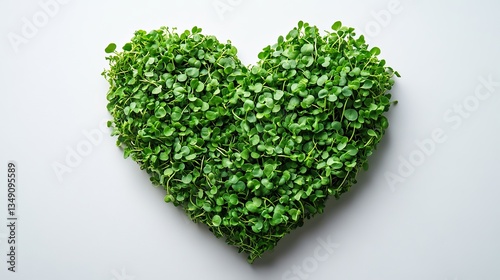 Heart,shaped microgreens on a clean white background symbolize eco,consciousness, sustainable practices, and waste management.
