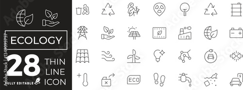 Ecology & Eco Icon set of web and mobile in thin line style. Environment Icons & Symbols Containing  electric car, global warming, renewable energy, organic and more