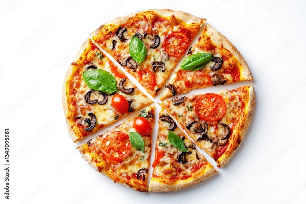 Delicious Pizza Slices Topped with Basil, Tomato, and Mushrooms Overhead Shot Delicious Pizza Slices Topped with Basil, Tomato, and Mushrooms Overhead Shot
