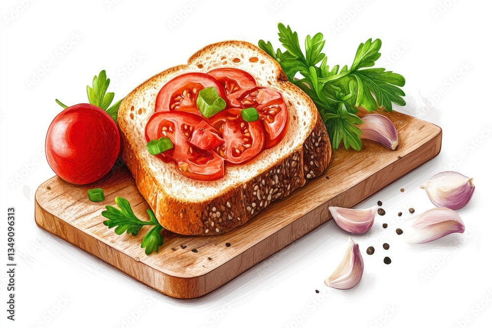 Tomato Toast with Garlic and Herbs on Cutting Board Illustration