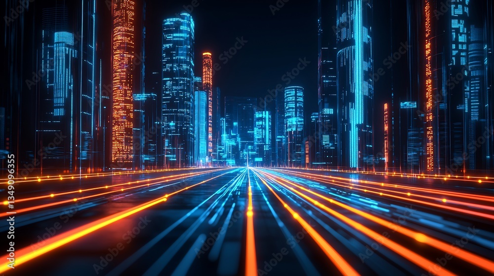 Naklejka premium Smart city with glowing data highways symbolizing AI driven urban infrastructure