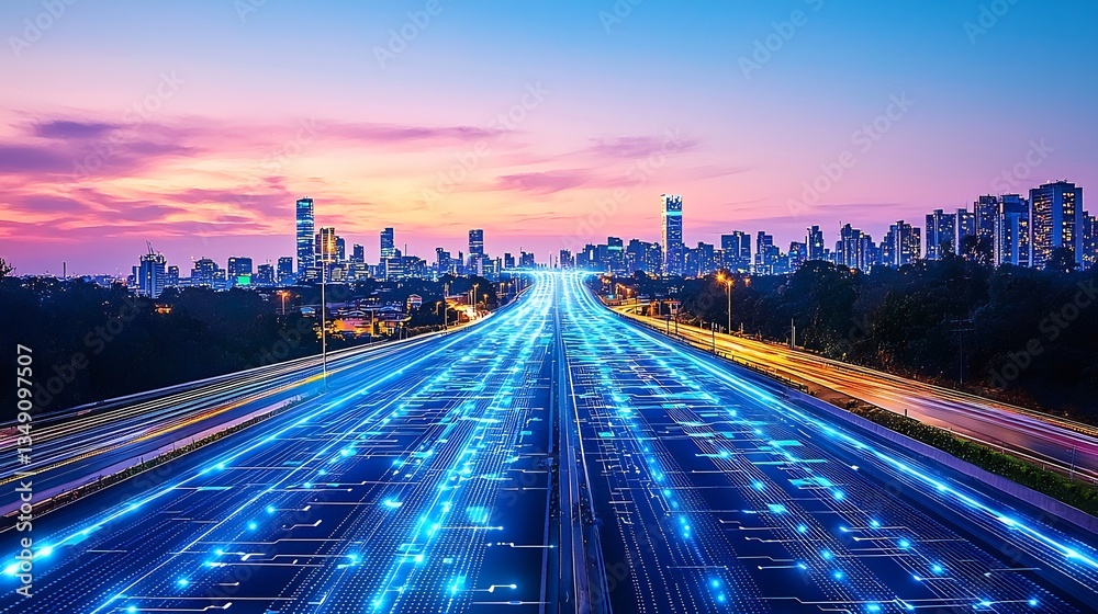 Fototapeta premium Smart city with glowing data highways symbolizing AI driven urban infrastructure