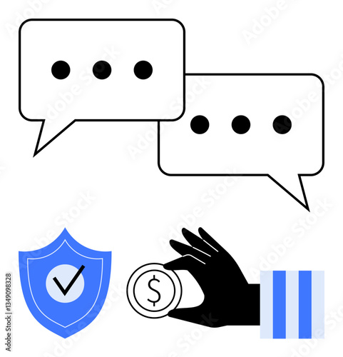 Speech bubbles for communication, hand holding a coin signifying payment, blue shield with checkmark for security. Ideal for finance, banking, fintech, trust, digital commerce, transactions