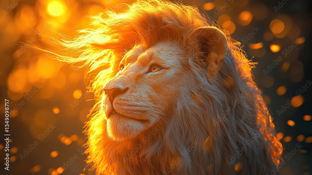 Naklejka premium In the African savanna, a majestic male lion with a flowing mane gazes at the breathtaking golden sunset.
