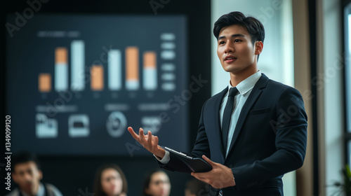 Confident motivational speaker man speaking to an audience at business conference