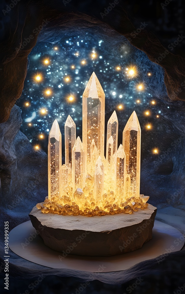A podium built from shimmering crystals, surrounded by floating pollen-like lights in a hidden cave.