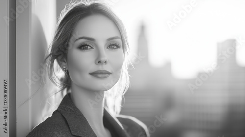 Portrait confident businesswoman standing in bright office looking at camera