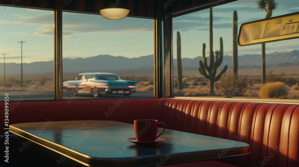 Fototapeta premium A still moment in a mid-century modern diner. The red booth and coffee cup remain untouched, as a 2024 Sport ES moves through the soft desert evening outside the window