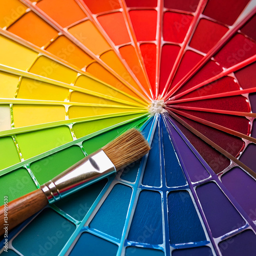 A  vibrant collection of paint swatches arranged in a radial color spectrum creating a smooth gradient of hues

