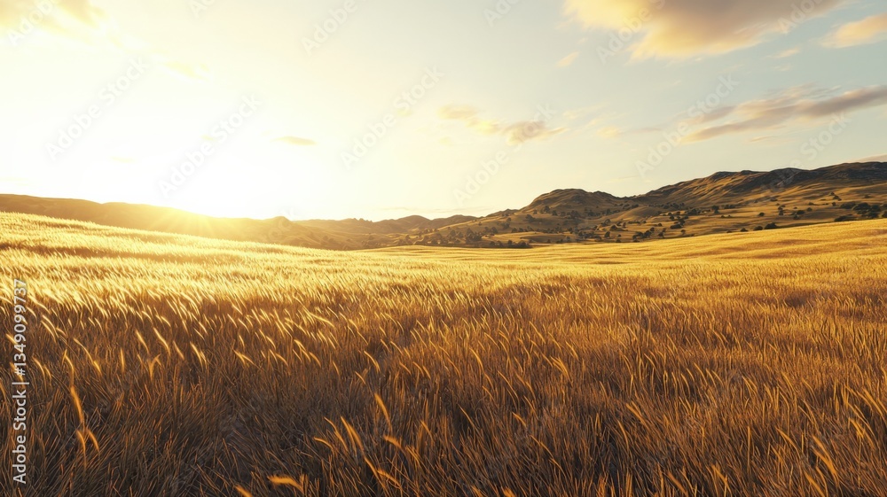 Obraz premium Ultra-realistic 3D render of golden wheat fields at sunset with warm lighting and soft wind moving the crops. Semi-realistic scene emphasizing calm, nature, and cinematic beauty.