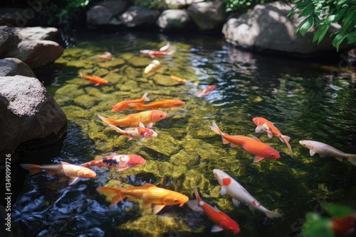 Koi fish swim in a pond surrounded by rocks and greenery